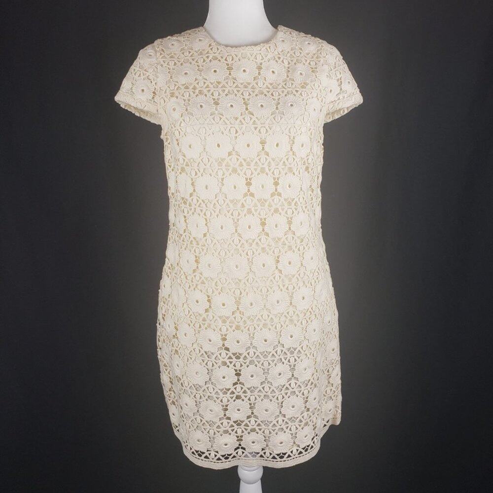 Juicy Couture Lace Dress Women 4 Cream Guipure Cap Sleeve Shift Dress Pockets - Picture 3 of 10